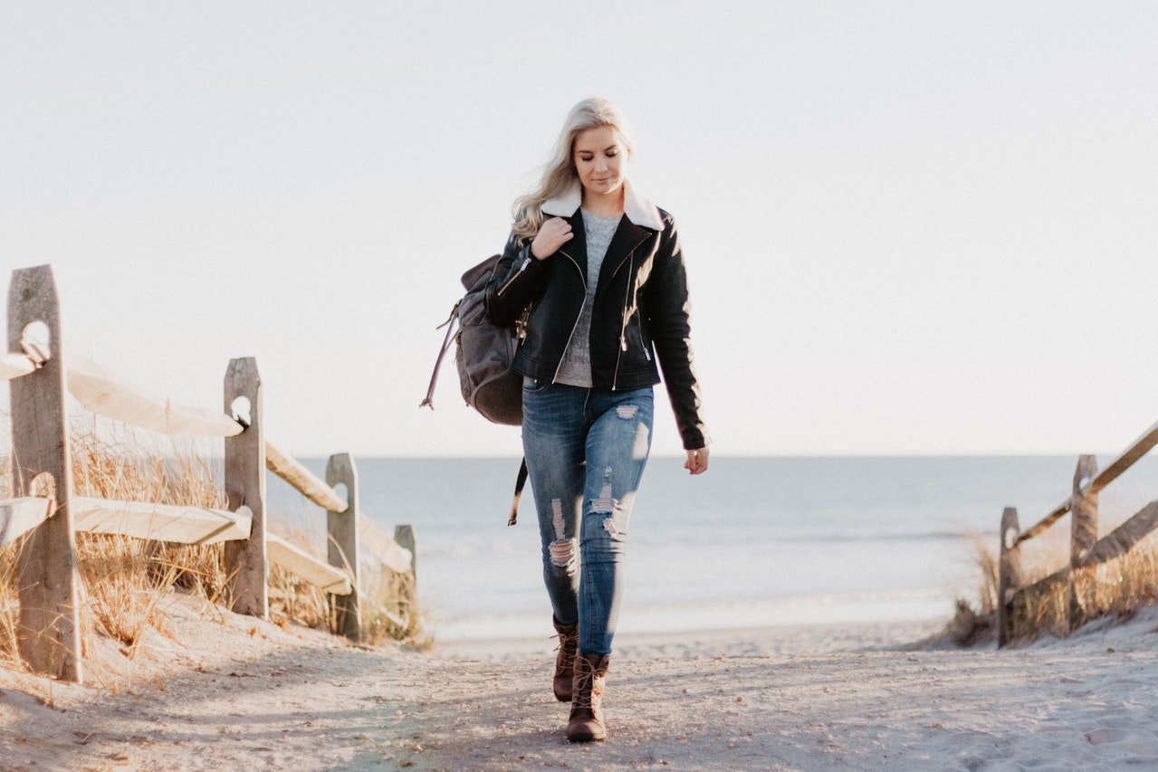 woman wearing leather jacket