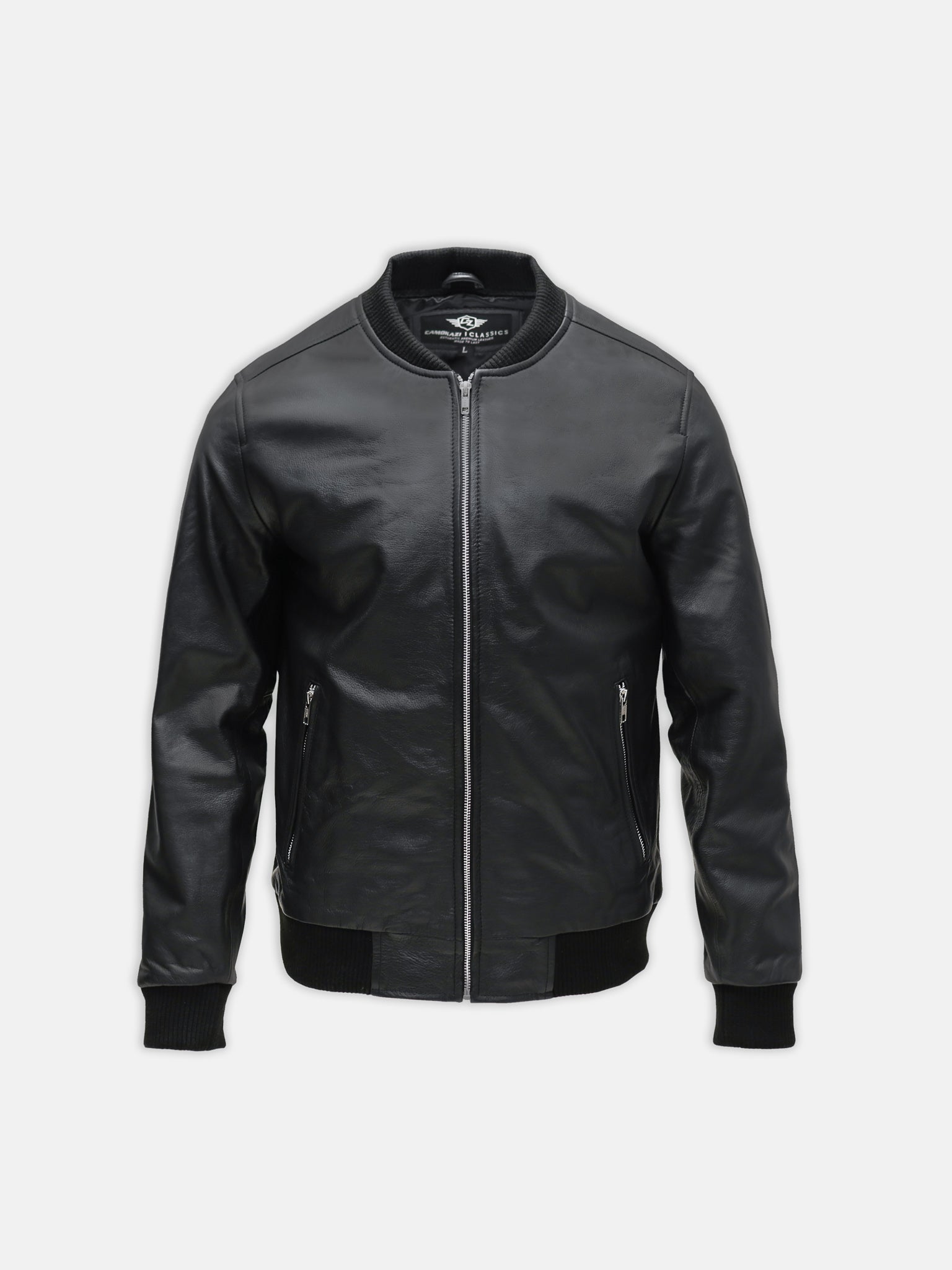 Mens black leather bomber jacket