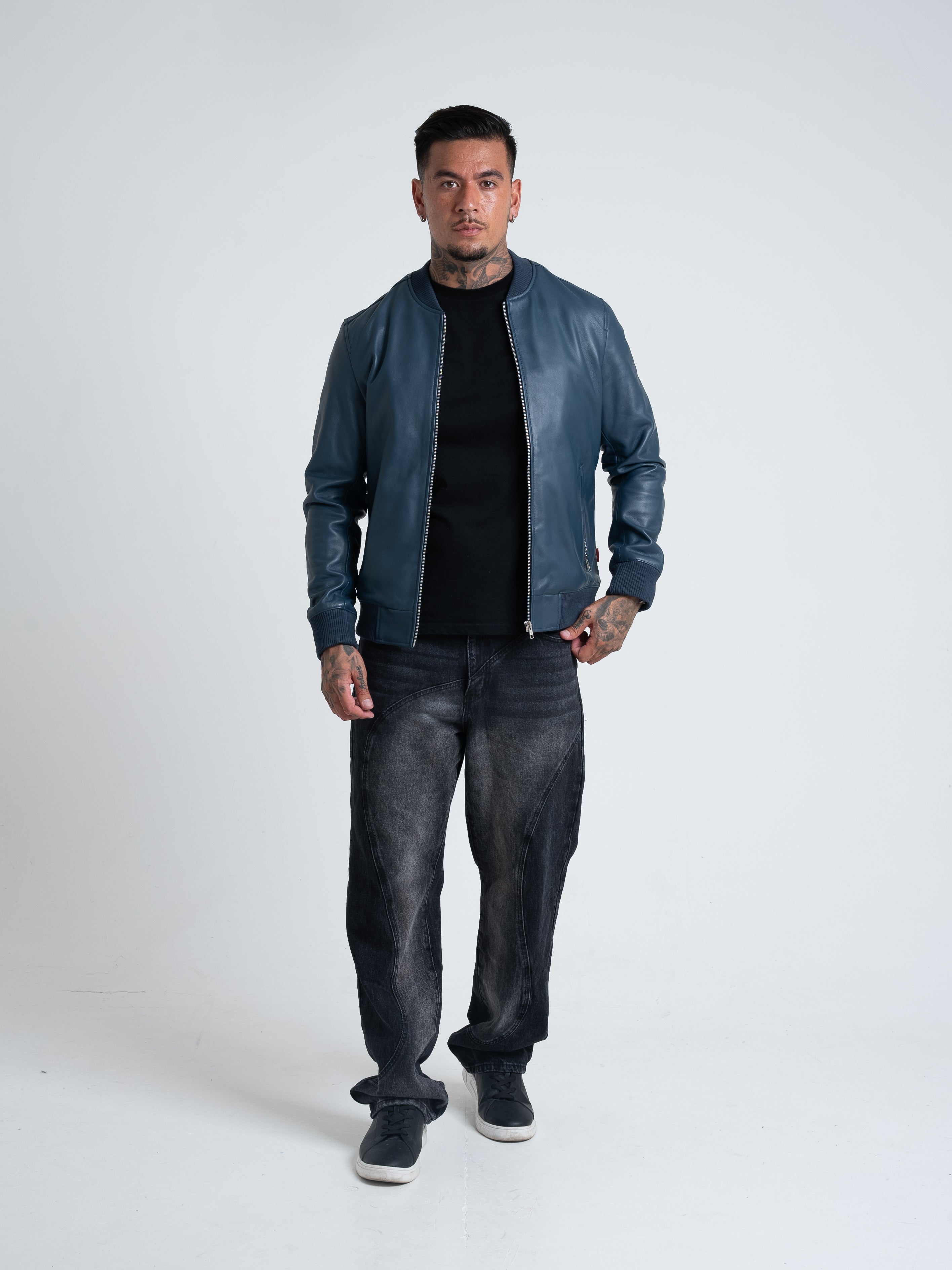 Victory Leather Bomber Jacket - Midnight Blue