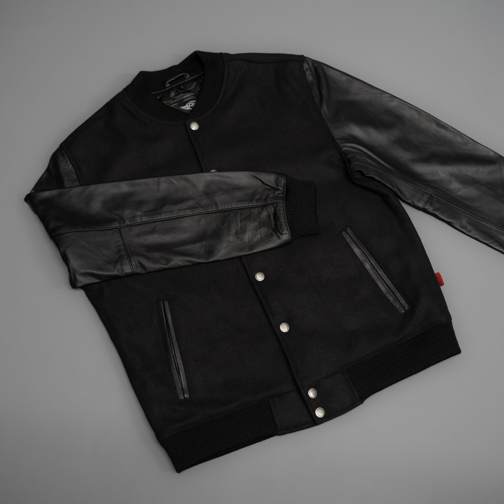 Leather Varsity Bomber Jacket - Black