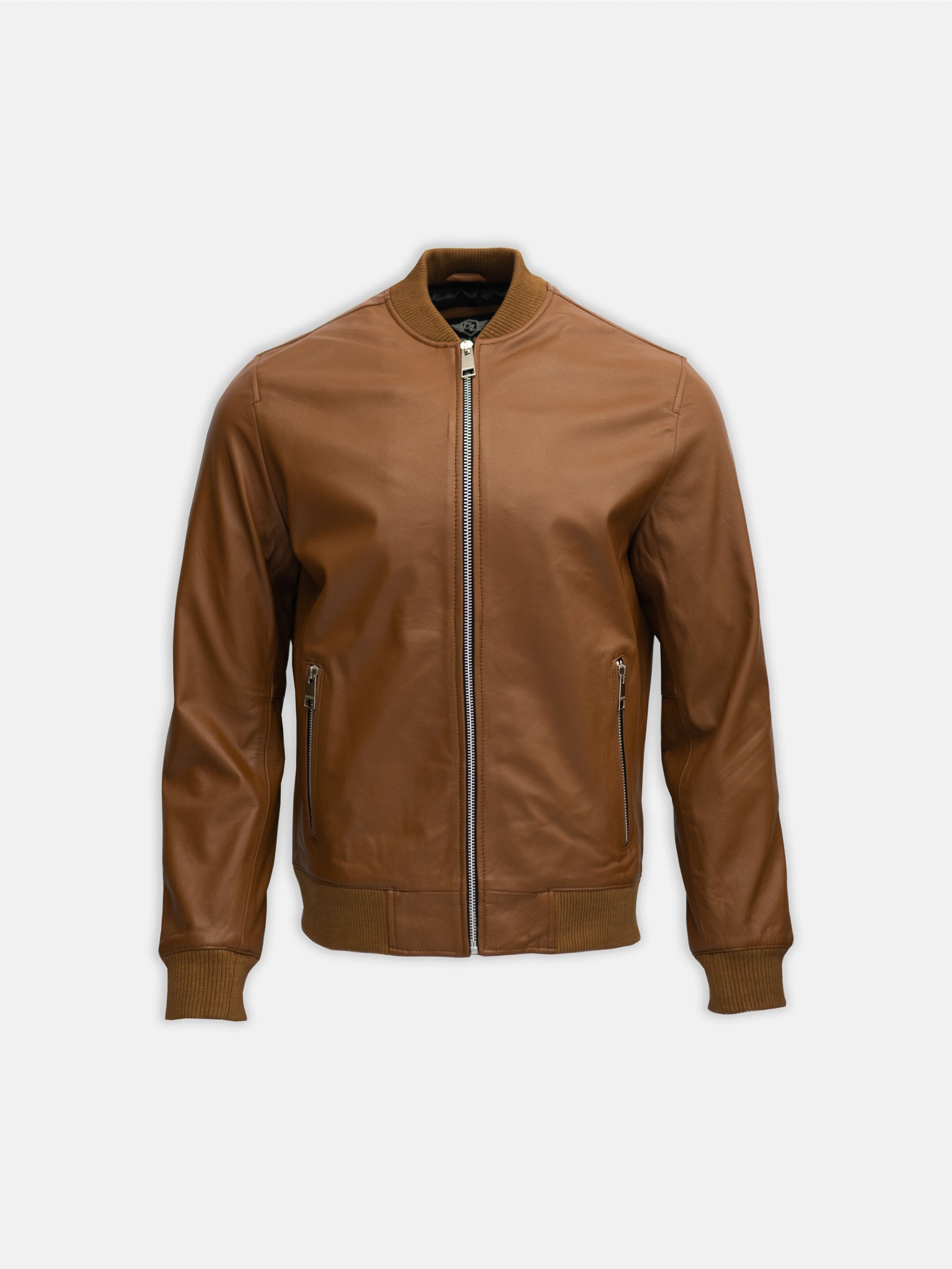 Mens tan leather sale bomber jacket